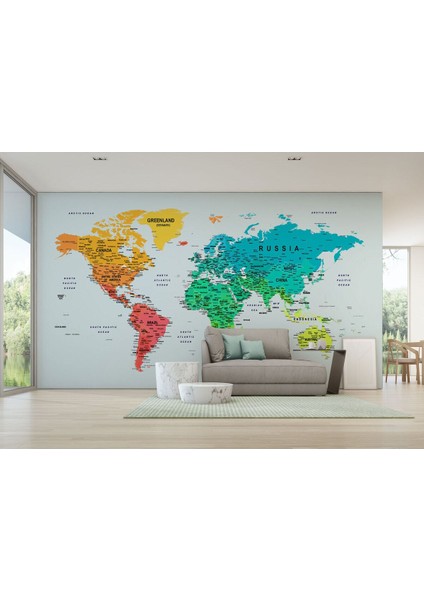 Sybr SERI001 Renkli Dünya Haritası Duvar Kağıdı Detaylı Ülke ve BAŞKENTLI-1782
