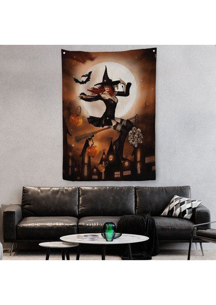 Süpürge ile Uçan Cadı, Cadılar Bayramı Hediyesi, Hellowen Duvar Örtüsü - Halısı -6271