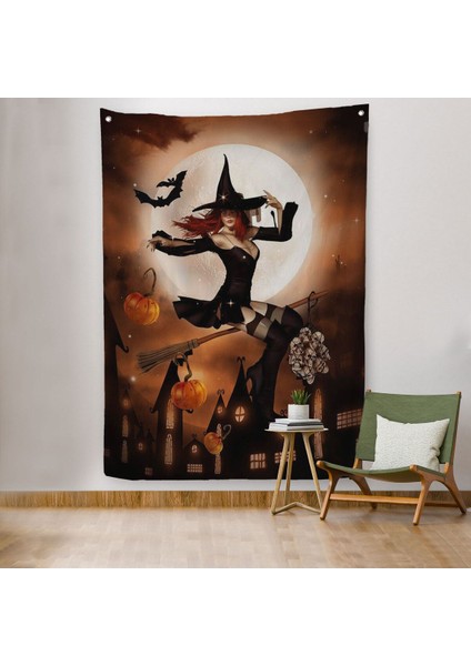 Süpürge ile Uçan Cadı, Cadılar Bayramı Hediyesi, Hellowen Duvar Örtüsü - Halısı -6271