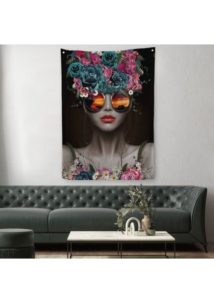 Renkli Çiçekler Ile Güzel Kadın Dekoratif Duvar Örtüsü - Halısı -6188