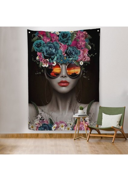 Renkli Çiçekler Ile Güzel Kadın Dekoratif Duvar Örtüsü - Halısı -6188