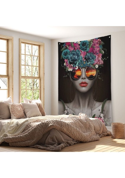 Renkli Çiçekler Ile Güzel Kadın Dekoratif Duvar Örtüsü - Halısı -6188