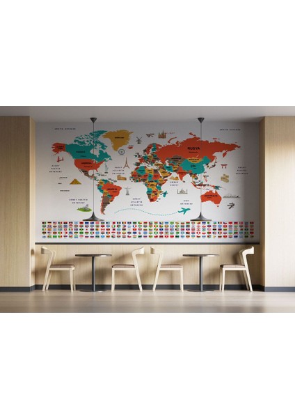 Türkçe Dünya Haritası Ülke Bayrak ve Başkentli Duvar KAĞIDI-1922