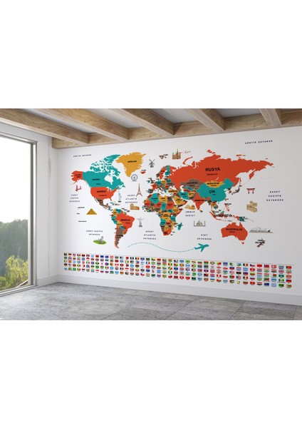Türkçe Dünya Haritası Ülke Bayrak ve Başkentli Duvar KAĞIDI-1922 fiyatları