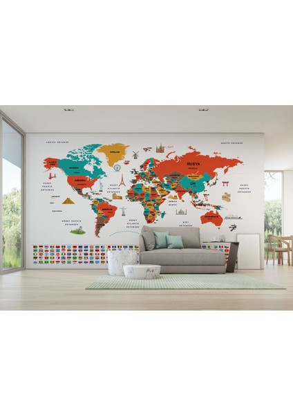 Türkçe Dünya Haritası Ülke Bayrak ve Başkentli Duvar KAĞIDI-1922 fırsatları