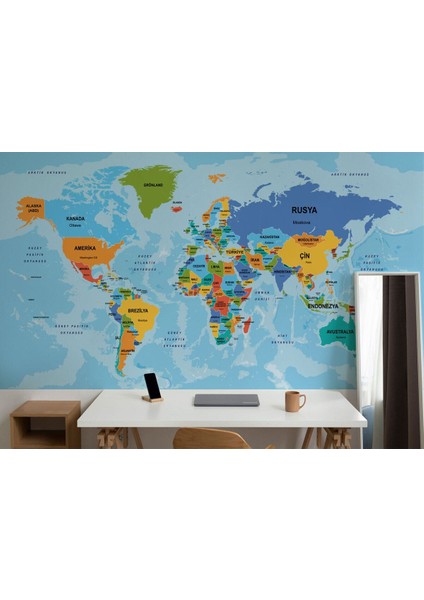 Türkçe Dünya Haritası Ülke Başkentli ve Okyanuslu Dekoratif Duvar KAĞIDI-2260 fırsatları