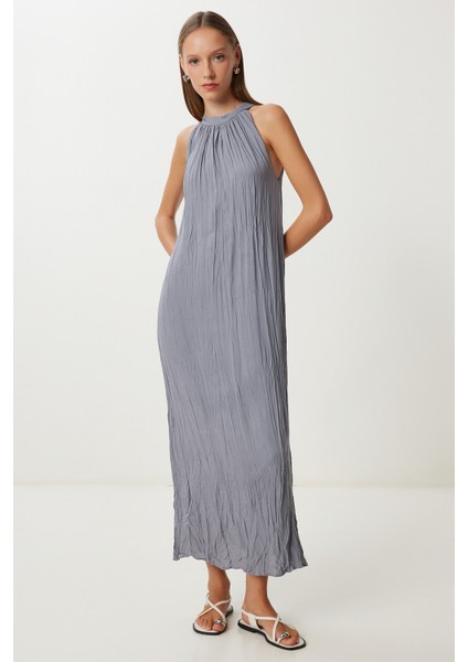 Kırışık Efektli Yazlık Keten Elbise LGK0005 Gri