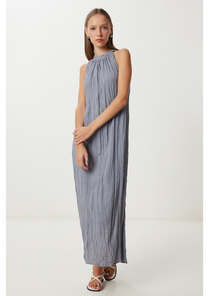 Kırışık Efektli Yazlık Keten Elbise LGK0005 Gri modelleri