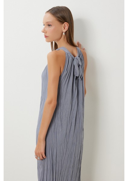 Kırışık Efektli Yazlık Keten Elbise LGK0005 Gri indirimleri