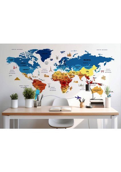 Hg Türkçe Dünya Haritası Duvar Kağıdı Ülke-Başkentli Öğretici ve SEMBOLLÜ-2266