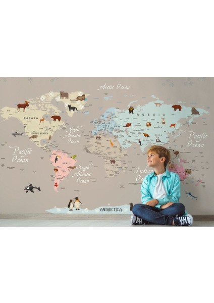 Dünya Haritası Çocuk ve Bebek Odası hayvanlar Alemi Duvar KAĞIDI-3817