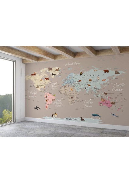 Dünya Haritası Çocuk ve Bebek Odası hayvanlar Alemi Duvar KAĞIDI-3817 fiyatları