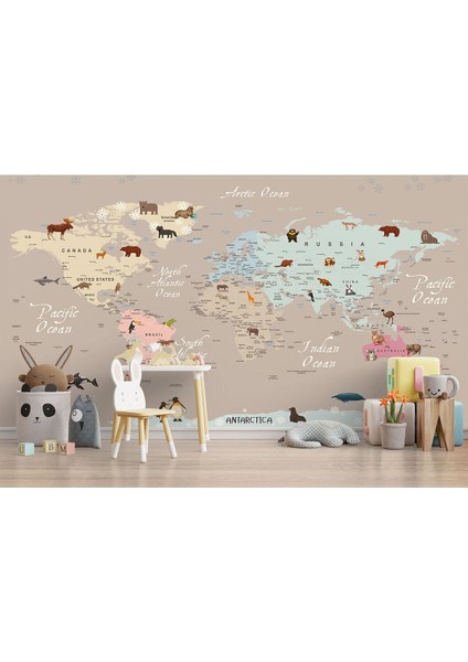 Dünya Haritası Çocuk ve Bebek Odası hayvanlar Alemi Duvar KAĞIDI-3817 fırsatları