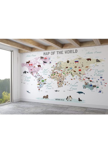 MODAGOS068 Dünya Haritası Çocuk ve Bebek Odası hayvanlar Alemi Duvar KAĞIDI-3813 fiyatları
