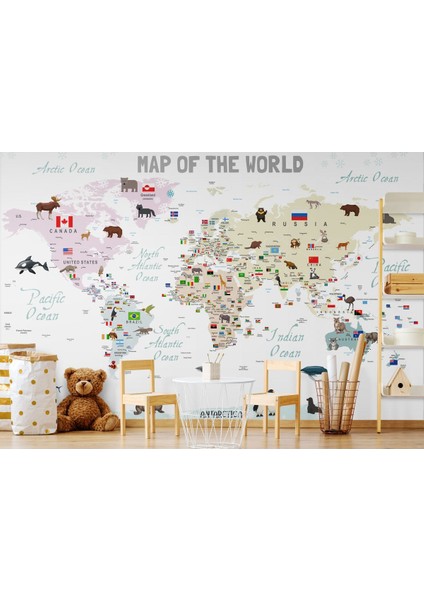 MODAGOS068 Dünya Haritası Çocuk ve Bebek Odası hayvanlar Alemi Duvar KAĞIDI-3813 modelleri