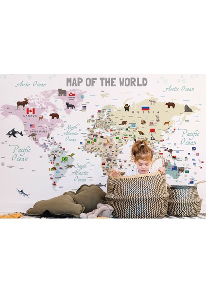 MODAGOS068 Dünya Haritası Çocuk ve Bebek Odası hayvanlar Alemi Duvar KAĞIDI-3813 fırsatları