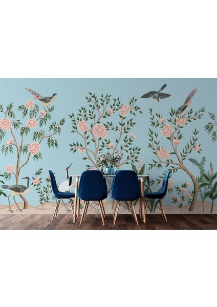 Pembe Çiçekli Ağaç ve Kuşlar Duvar KAĞIDI-5620