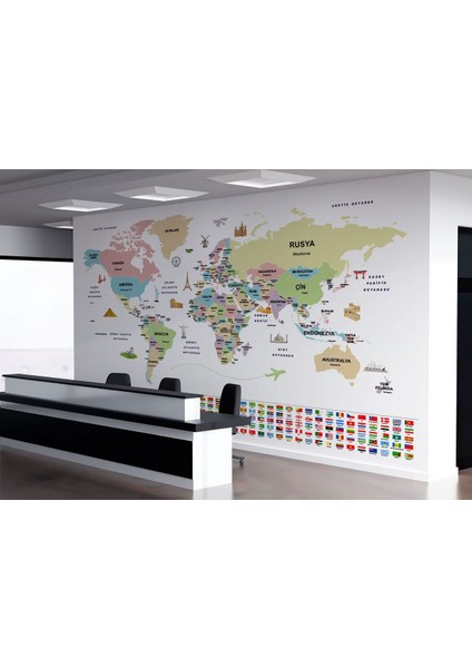 Türkçe Dünya Haritası Ülke Bayrak ve Başkentli Duvar KAĞIDI-1938 fiyatları