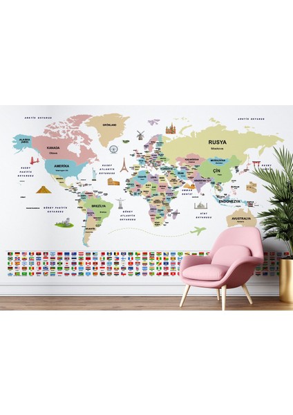 Türkçe Dünya Haritası Ülke Bayrak ve Başkentli Duvar KAĞIDI-1938 modelleri