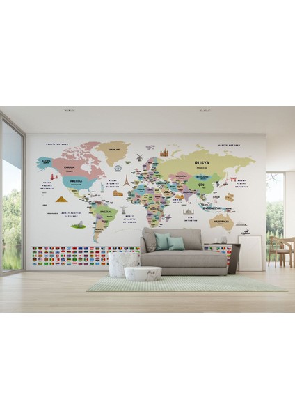 Türkçe Dünya Haritası Ülke Bayrak ve Başkentli Duvar KAĞIDI-1938 fırsatları