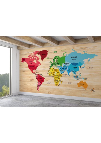 Ingilizce Dünya Haritası Duvar Kağıdı Ahşap Görünümlü Detaylı -1881