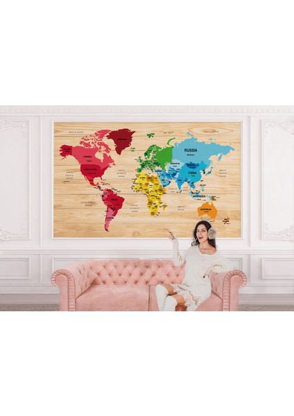 Ingilizce Dünya Haritası Duvar Kağıdı Ahşap Görünümlü Detaylı -1881 fiyatları