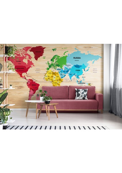 Ingilizce Dünya Haritası Duvar Kağıdı Ahşap Görünümlü Detaylı -1881 modelleri