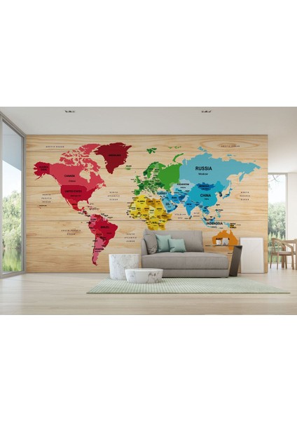 Ingilizce Dünya Haritası Duvar Kağıdı Ahşap Görünümlü Detaylı -1881 fırsatları