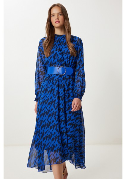 Kemerli Desenli Volanlı Şifon Elbise LFG0085 Koyu Mavi