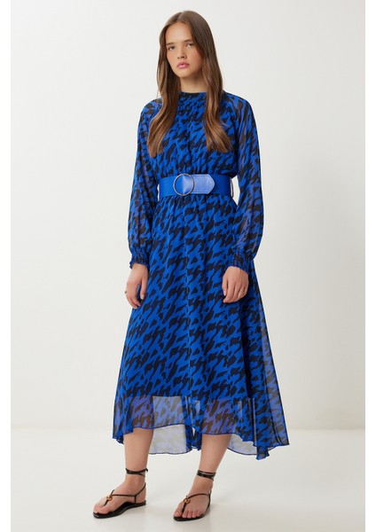 Kemerli Desenli Volanlı Şifon Elbise LFG0085 Koyu Mavi fiyatları