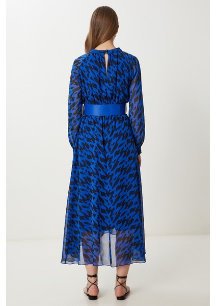 Kemerli Desenli Volanlı Şifon Elbise LFG0085 Koyu Mavi modelleri