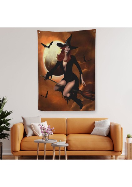 Süpürge Ile Uçan Cadı, Cadılar Bayramı Helloven Duvar Örtüsü - Halısı -6086
