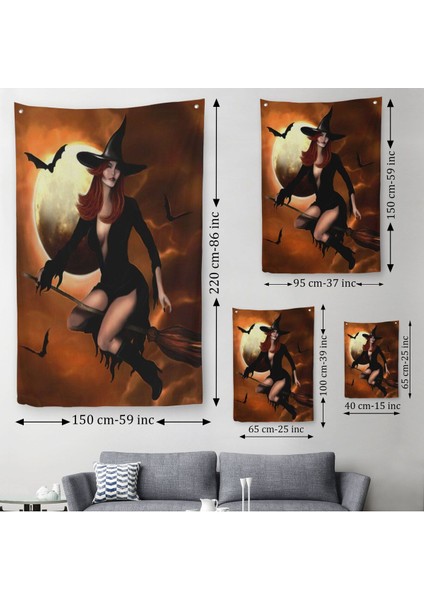 Süpürge Ile Uçan Cadı, Cadılar Bayramı Helloven Duvar Örtüsü - Halısı -6086 modelleri