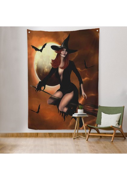 Süpürge Ile Uçan Cadı, Cadılar Bayramı Helloven Duvar Örtüsü - Halısı -6086
