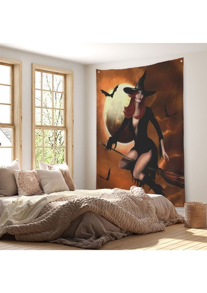 Süpürge Ile Uçan Cadı, Cadılar Bayramı Helloven Duvar Örtüsü - Halısı -6086
