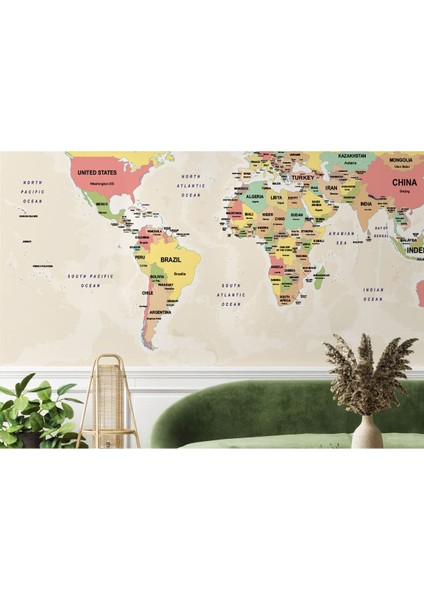 Dünya Haritası Duvar Kağıdı Ülke ve Başkentli İNGILIZCE-2755 indirimleri