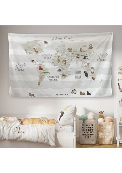 Eğitici Dünya Haritası Dünya Atlası Çocuk ve Bebek Odası Duvar Örtüsü-Halısı 3812
