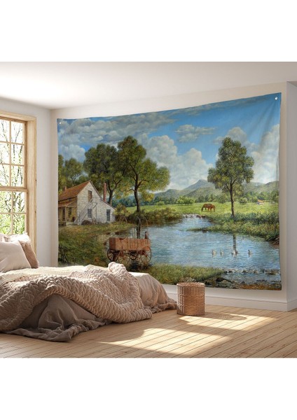 Duvar Örtüsü Köy Evi Manzaralı Kaliteli Kanvas Duvar HALISI-3986