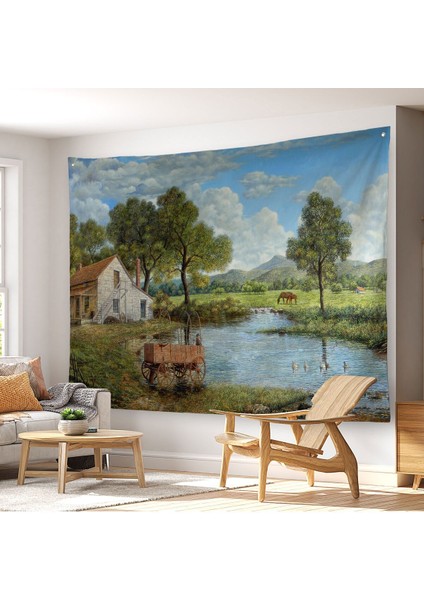 Duvar Örtüsü Köy Evi Manzaralı Kaliteli Kanvas Duvar HALISI-3986