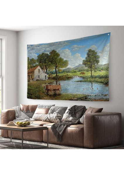 Duvar Örtüsü Köy Evi Manzaralı Kaliteli Kanvas Duvar HALISI-3986