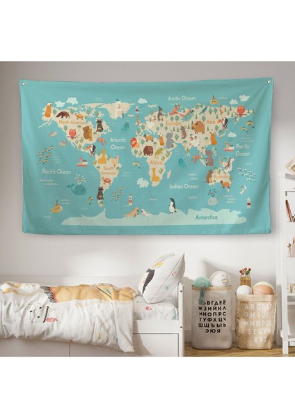 Hayvanlar Alemi Çocuk Odası Dünya Haritası Kanvas Duvar Örtüsü-Halısı 1013