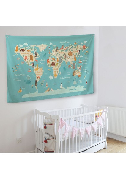 Hayvanlar Alemi Çocuk Odası Dünya Haritası Kanvas Duvar Örtüsü-Halısı 1013 fiyatları