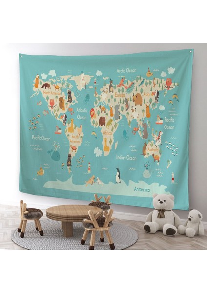 Hayvanlar Alemi Çocuk Odası Dünya Haritası Kanvas Duvar Örtüsü-Halısı 1013 modelleri