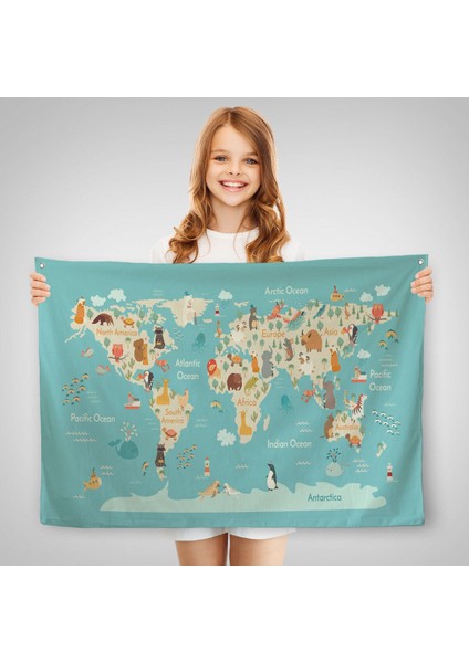 Hayvanlar Alemi Çocuk Odası Dünya Haritası Kanvas Duvar Örtüsü-Halısı 1013 fırsatları
