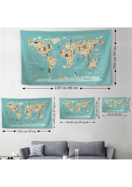 Hayvanlar Alemi Çocuk Odası Dünya Haritası Kanvas Duvar Örtüsü-Halısı 1013 indirimleri