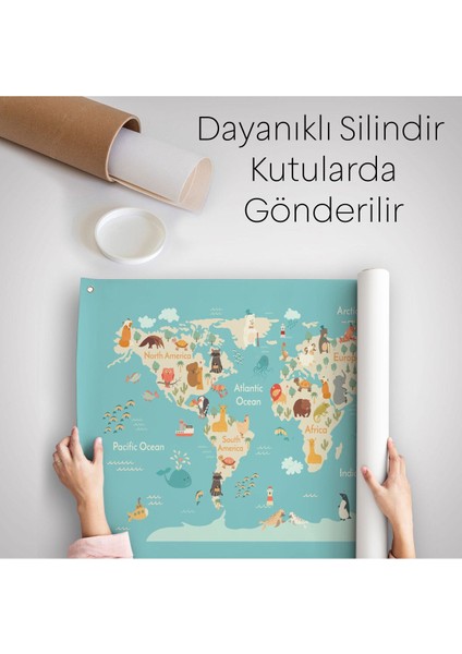 Hayvanlar Alemi Çocuk Odası Dünya Haritası Kanvas Duvar Örtüsü-Halısı 1013