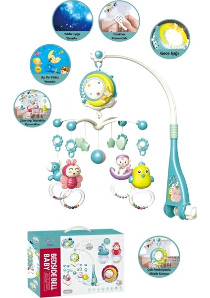 Dev Boy Dönence Tavana Ay ve Yıldız Yansıtan Pilli Işıklı Müzikli Uzaktan Kumandalı Beşik Bebek
