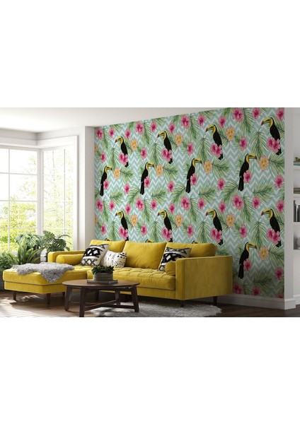 Tropikal Papağanlar Çiçekli Ağaç Yaprakları Duvar KAĞIDI-5570 fiyatları