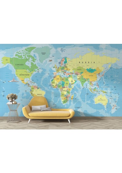 Ingilizce Dünya Haritası Duvar Kağıdı Okyanuslu Eğitici DETAYLI-1079