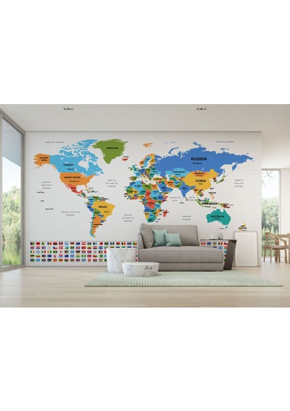 Bayraklı Dünya Haritası Renkli Duvar Kağıdı Ingilizce Ülke ve Başkentli -2413